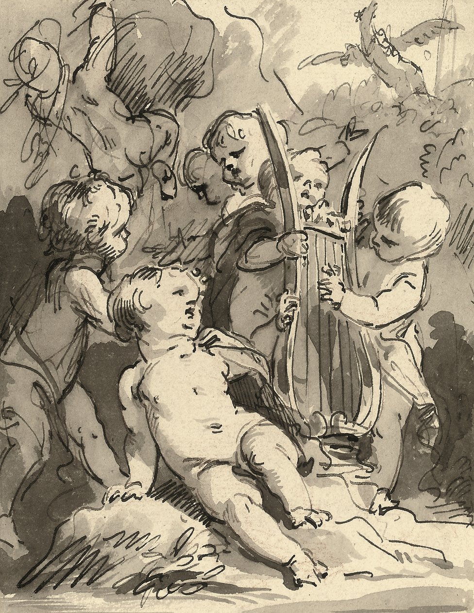 Putti grający na lirze (czerwona kreda, długopis i czarny tusz i szare wash) autorstwa Jacob de Wit