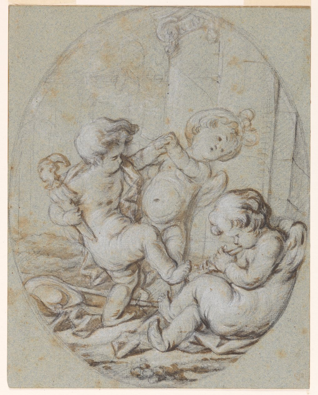 Three Putti: projekt obrazu Grisaille autorstwa Jacob de Wit