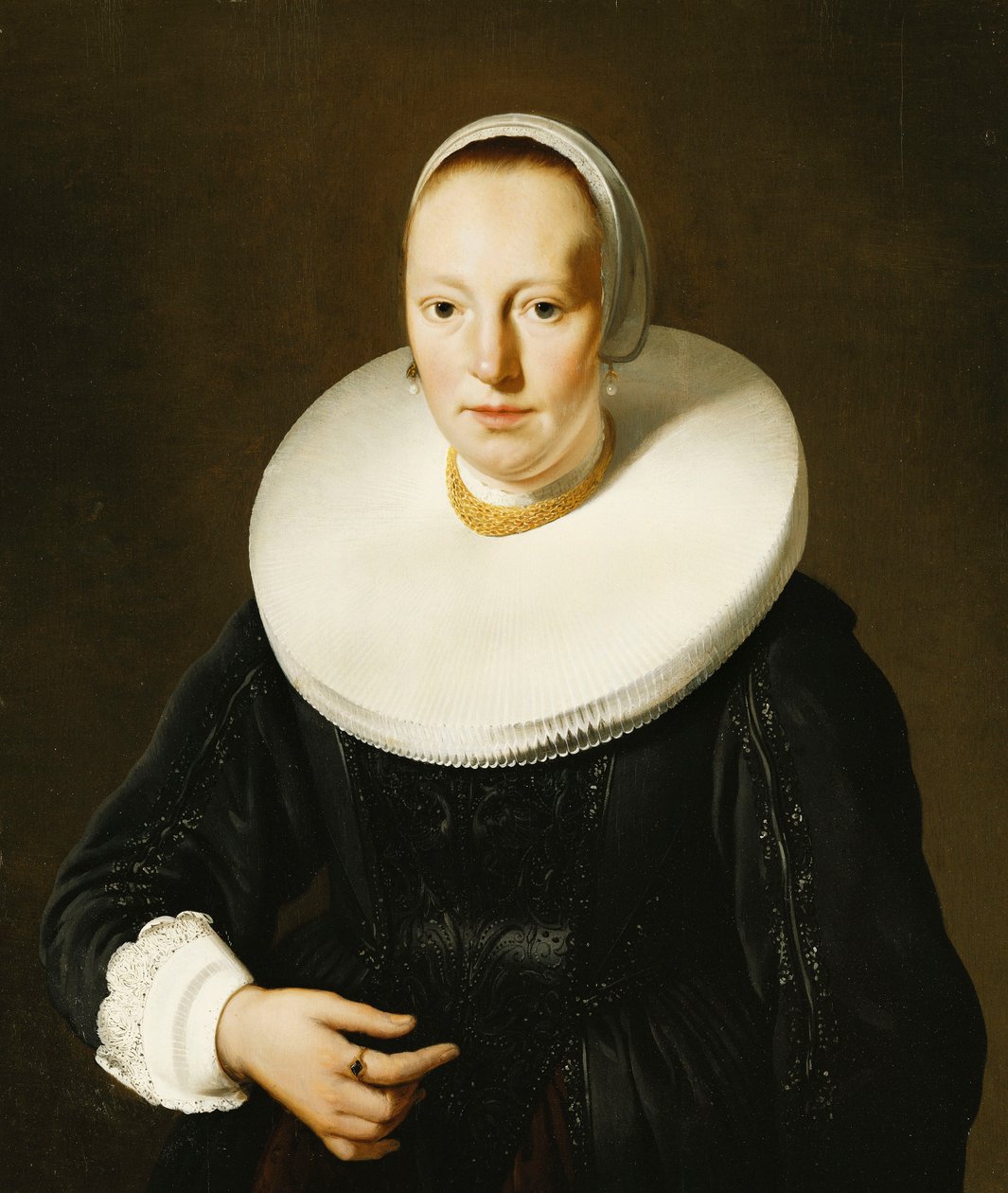 Portret damy, do połowy długości, w czarnym brzuszku z aplikacją i sukience oraz kryzie z kamienia młyńskiego, autorstwa Jacob or Jacques van Loo