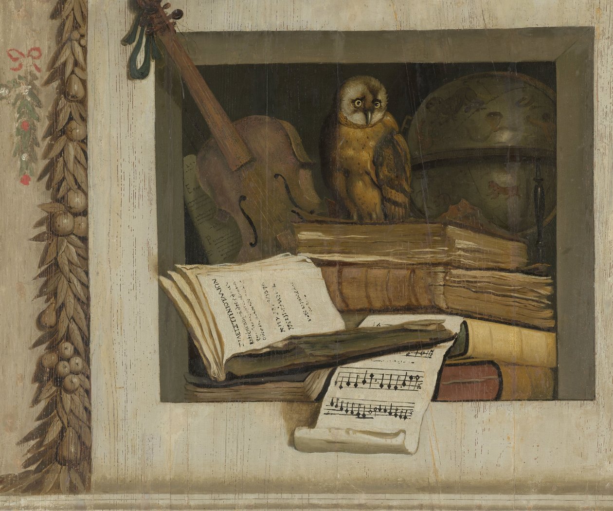 Martwa natura z książkami, nutami, skrzypcami, niebiańskim globusem i sową autorstwa Jacob van Campen