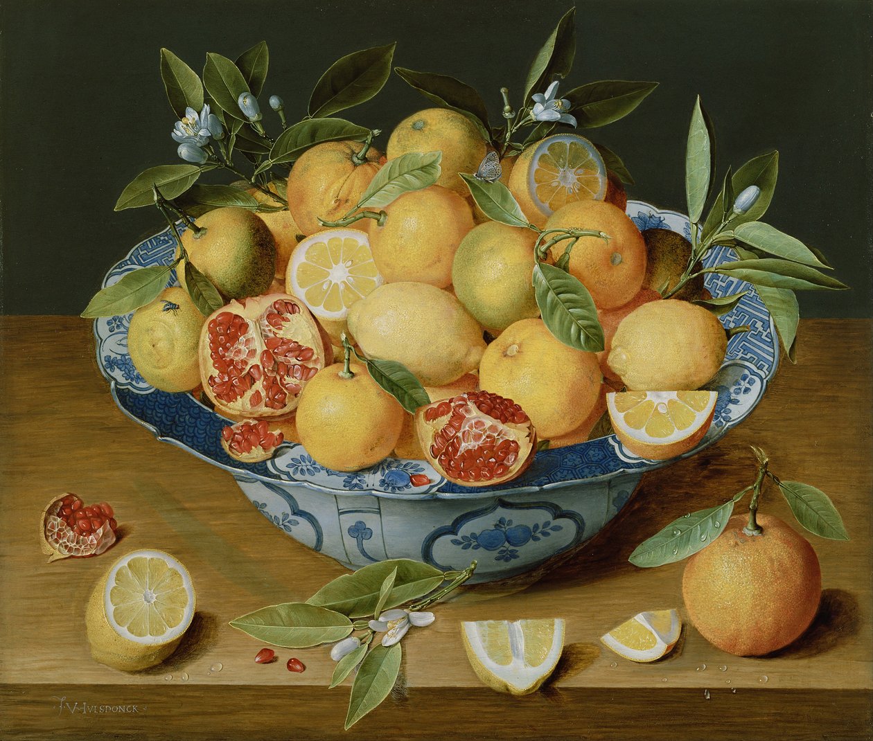 Martwa natura z cytrynami, pomarańczami i granatem 1620-1630 autorstwa Jacob van Hulsdonck