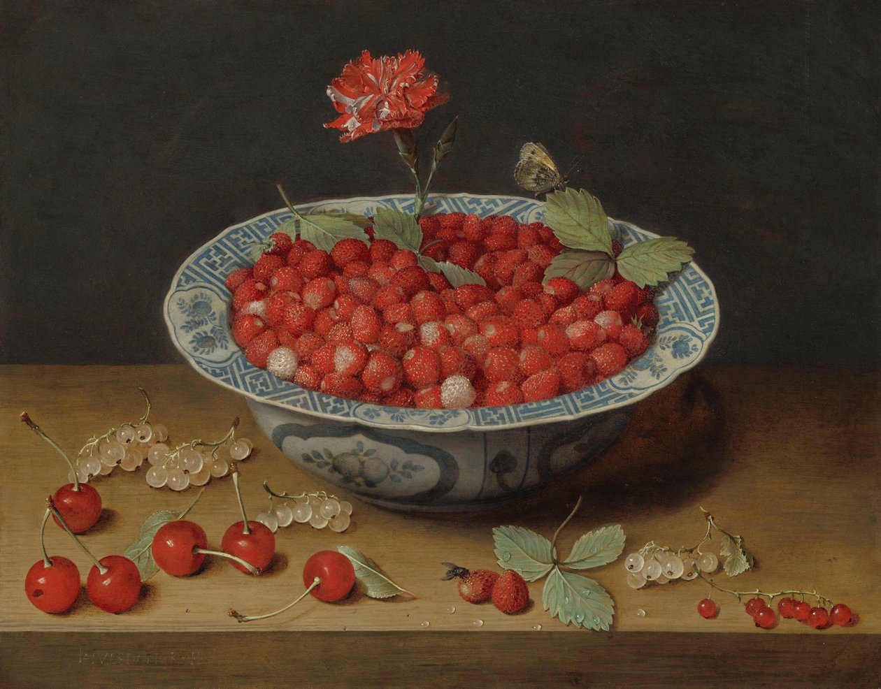 Dzikie truskawki i goździk w misce Wan-Li 1620. autorstwa Jacob van Hulsdonck