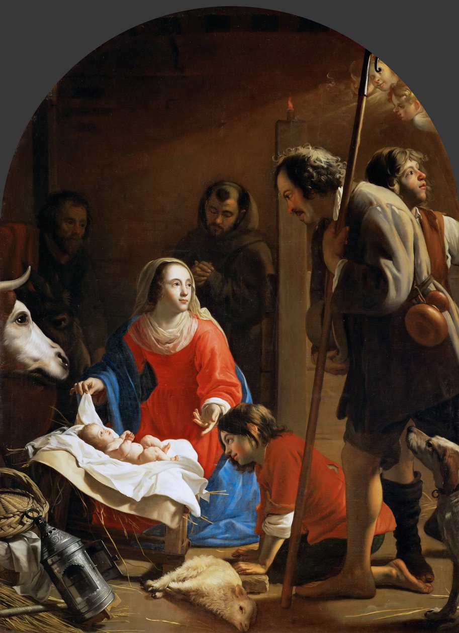 Adoracja pasterzy ze św. Franciszkiem z Asyżu - Jakubem (Jacques) van Oost, Starszym (1601-1671). olej na płótnie, ok. 1645. Wymiar: 258x189 cm. Muzeum Historii Sztuki, Wiedeń autorstwa Jacob van Oost