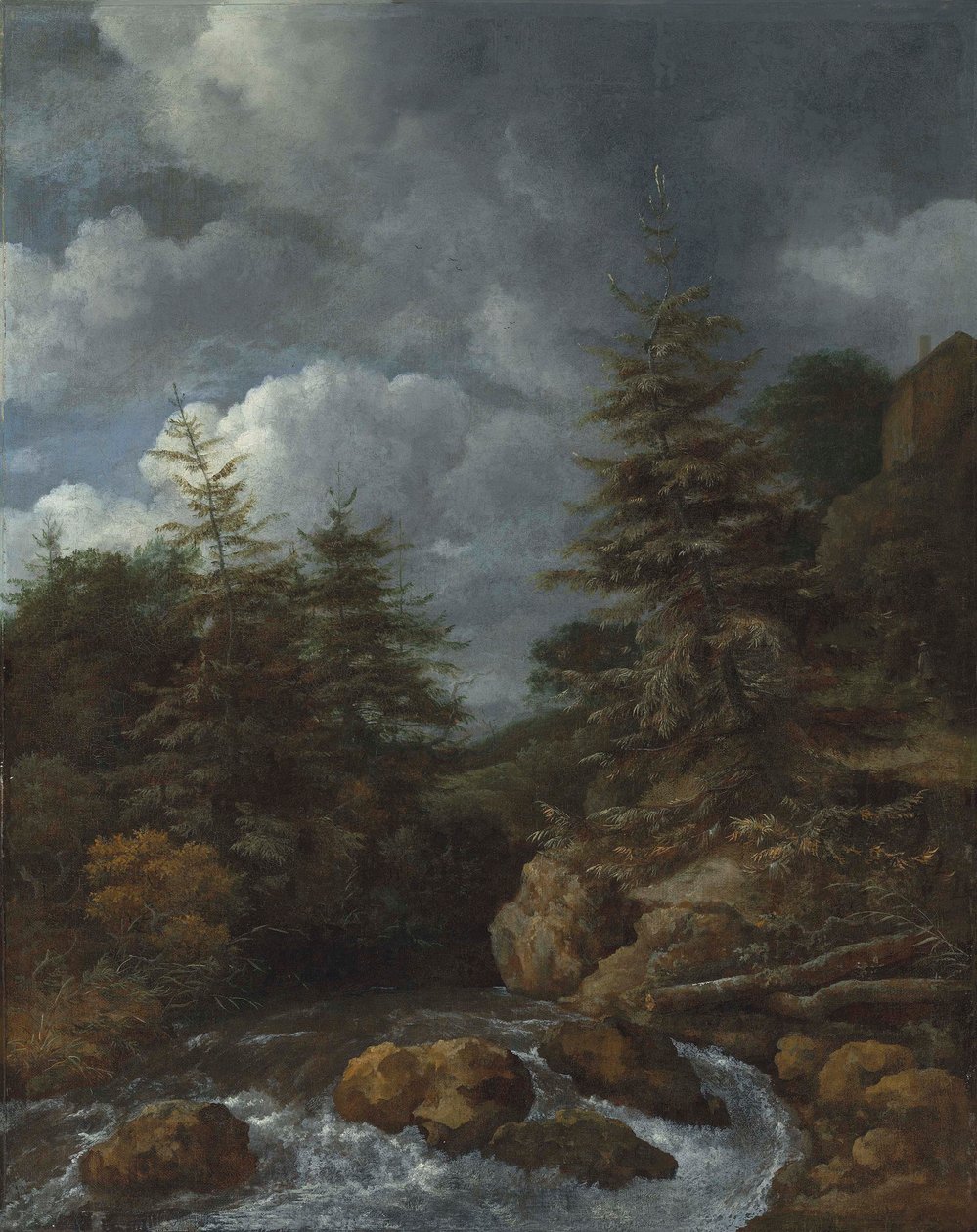 Krajobraz rzeki z jodłami przy kaskadzie autorstwa Jacob van Ruisdael