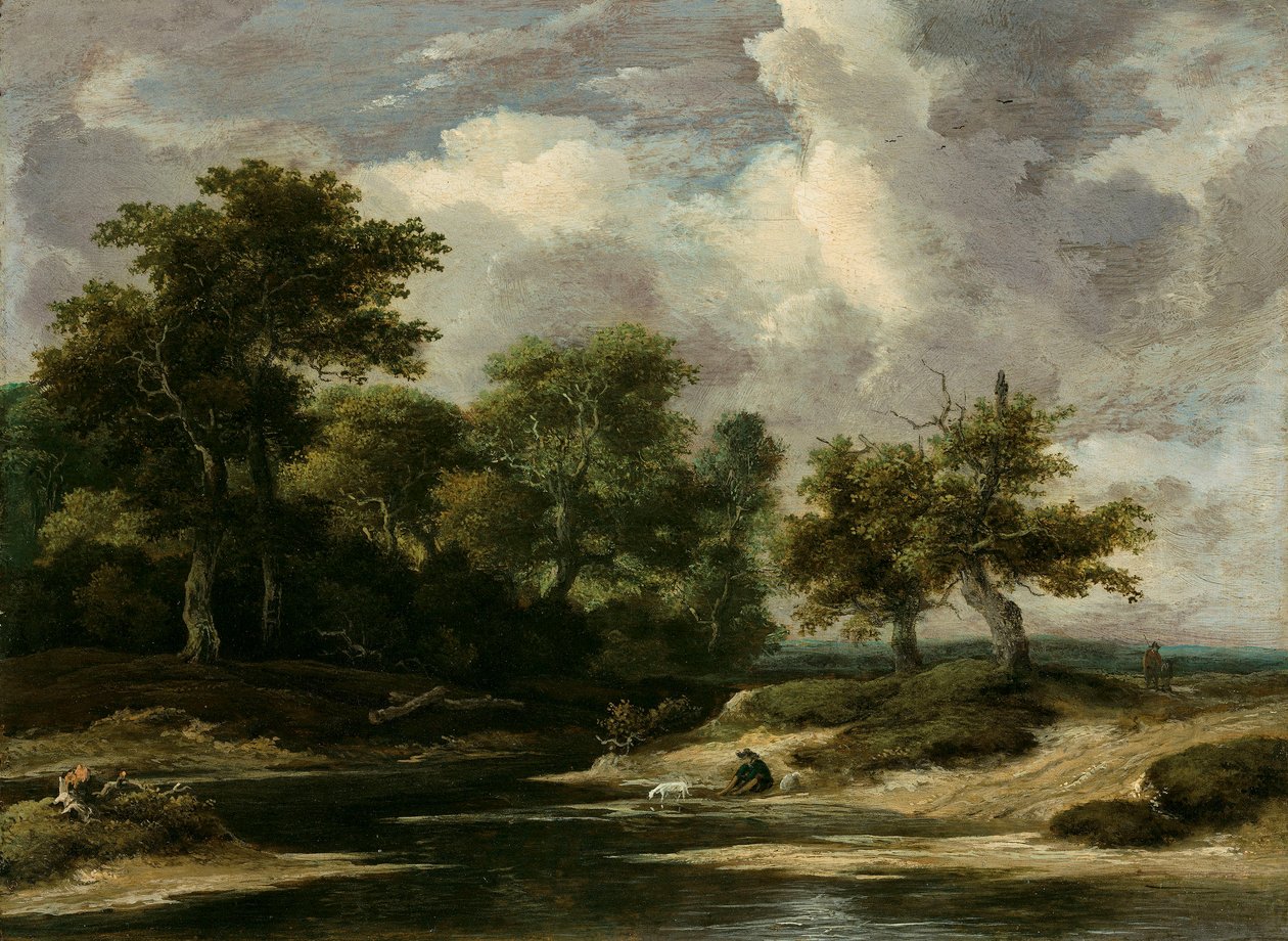 Krajobraz zalesionej rzeki z podróżnikiem i psem autorstwa Jacob van Ruisdael