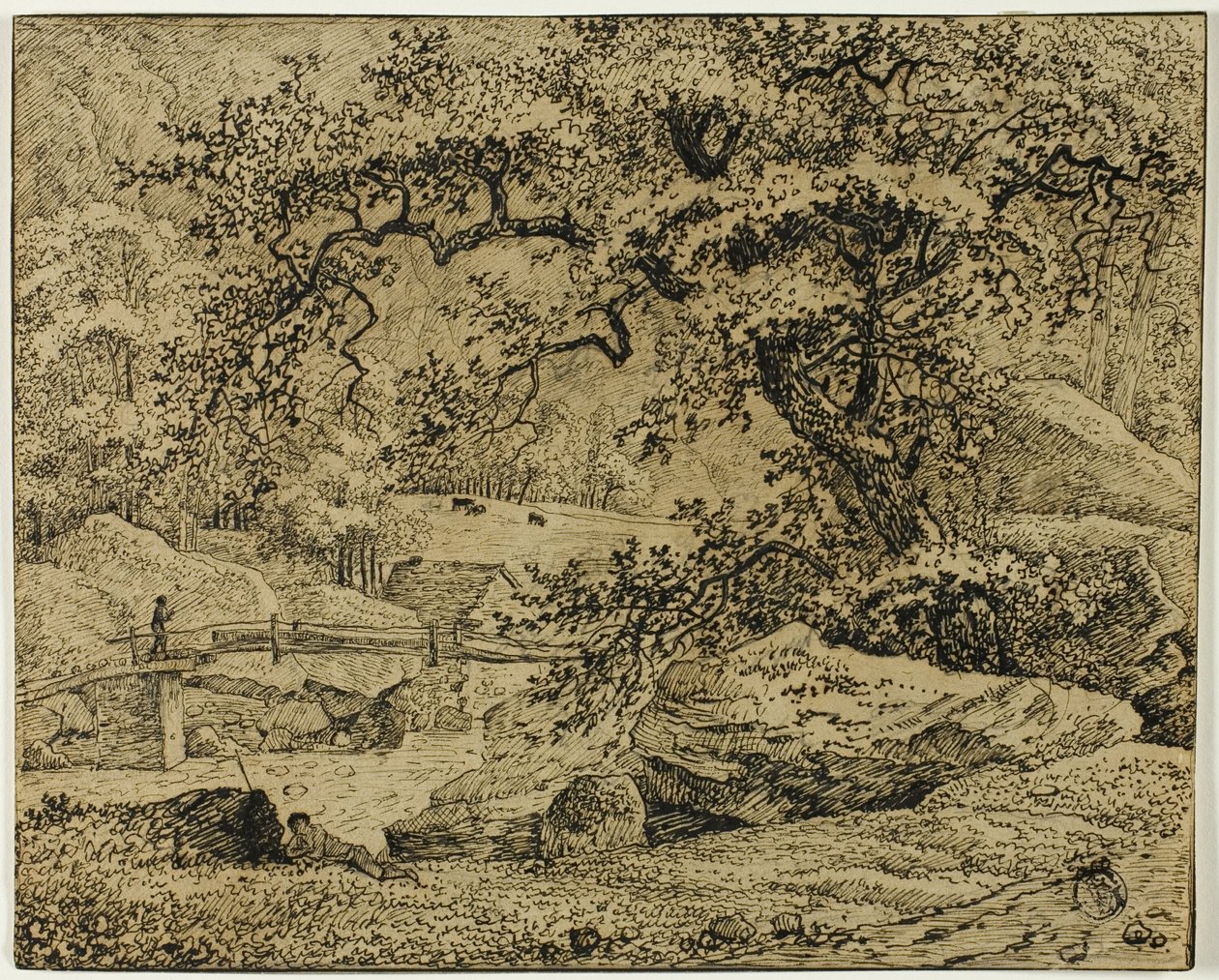 Krajobraz z postacią odpoczywającą pod drzewem autorstwa Stream autorstwa Jacob van Ruisdael