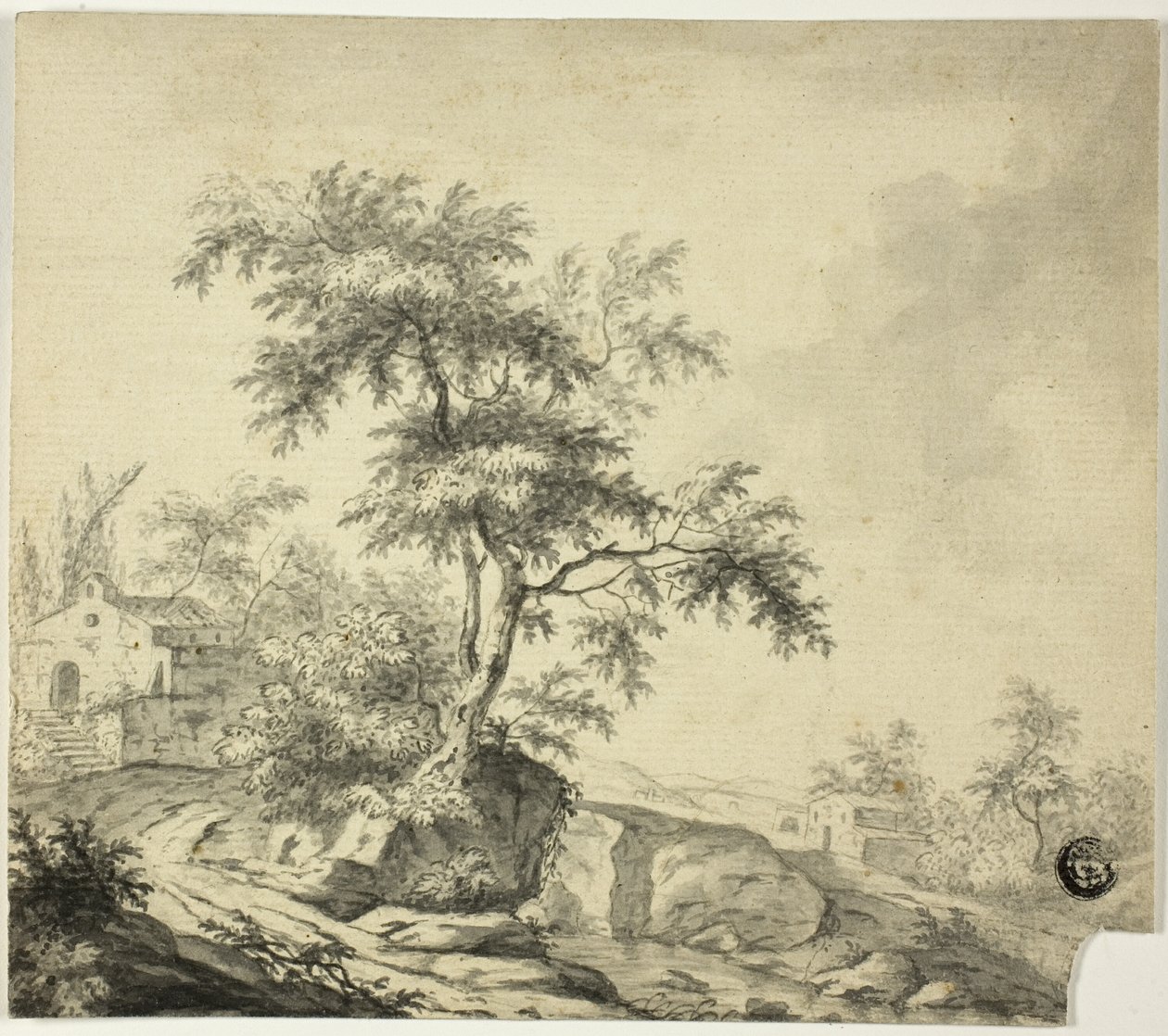 Krajobraz z drzewem na drodze do budynków autorstwa Jacob van Ruisdael