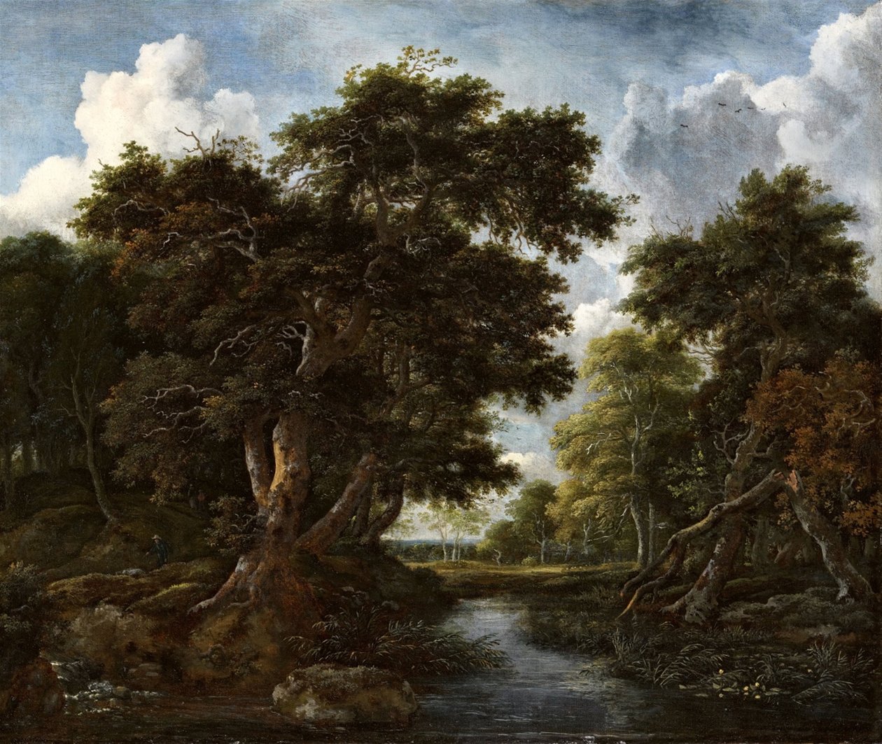 Zalesiony krajobraz z myśliwymi i rzeką autorstwa Jacob van Ruisdael