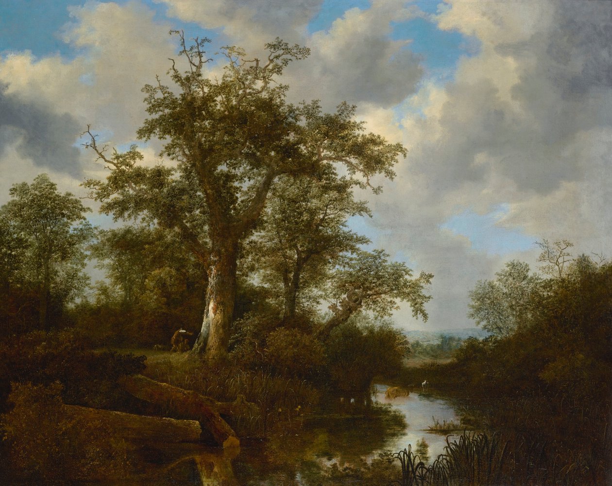 Zalesiony krajobraz z bydłem przekraczającym strumień autorstwa Jacob van Ruisdael