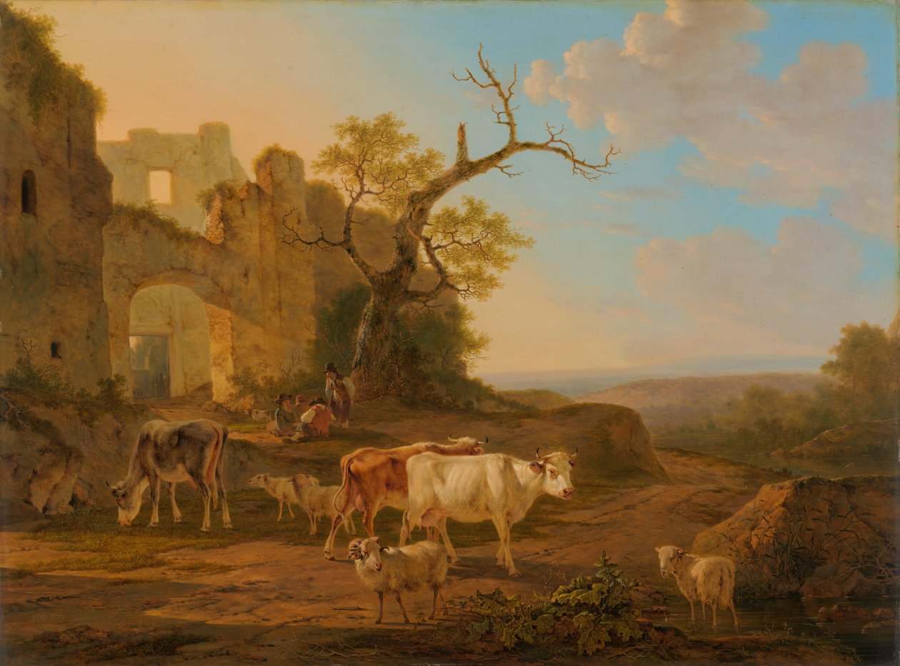 Krajobraz z krowami w pobliżu ruin autorstwa Jacob van Strij