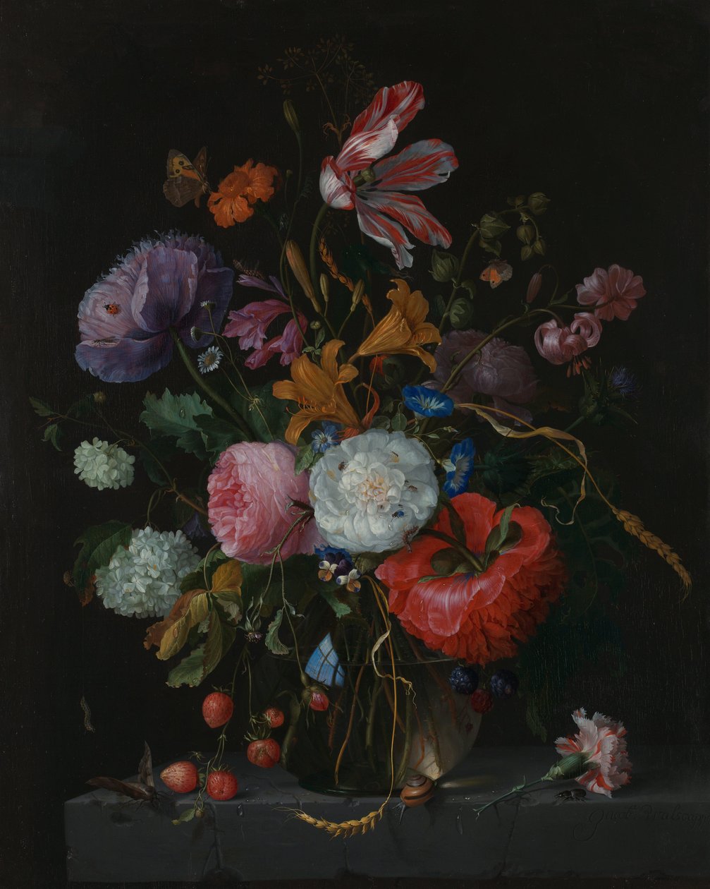 Kwiaty w szklanym wazonie, ok.1670 autorstwa Jacob van Walscapelle