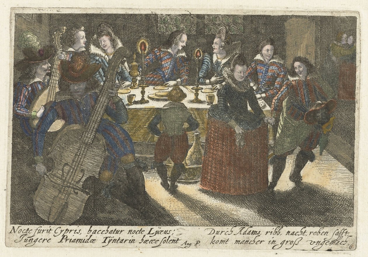 Dinerende studenten en muzikanten Mistrz ikonograficznych żartów wśród studentów (...) (tytuł serii) autorstwa Jacob van der Heyden