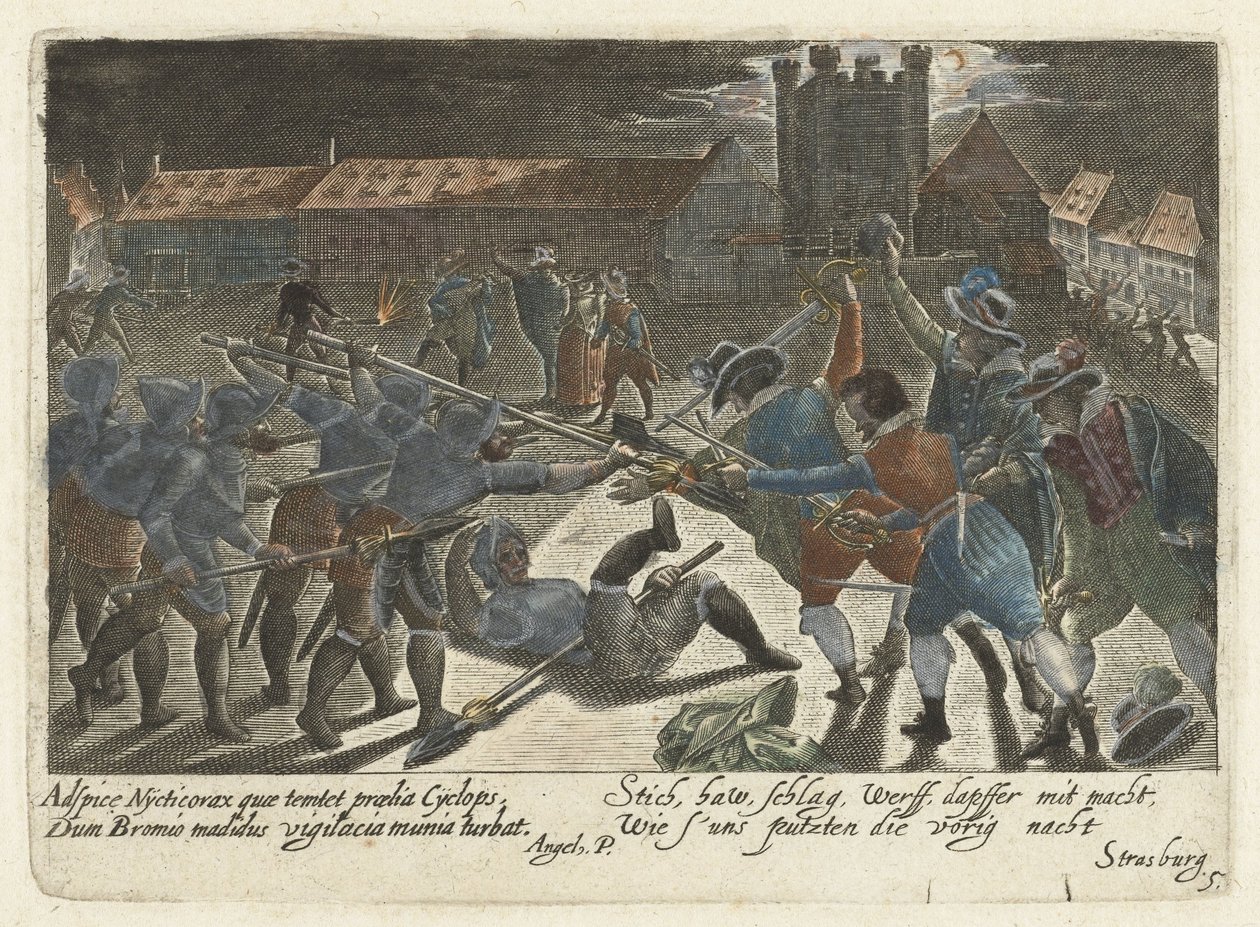 Gevecht tussen studenten en soldieren Mistrz ikonograficznych żartów wśród studentów (...) (tytuł serii) autorstwa Jacob van der Heyden