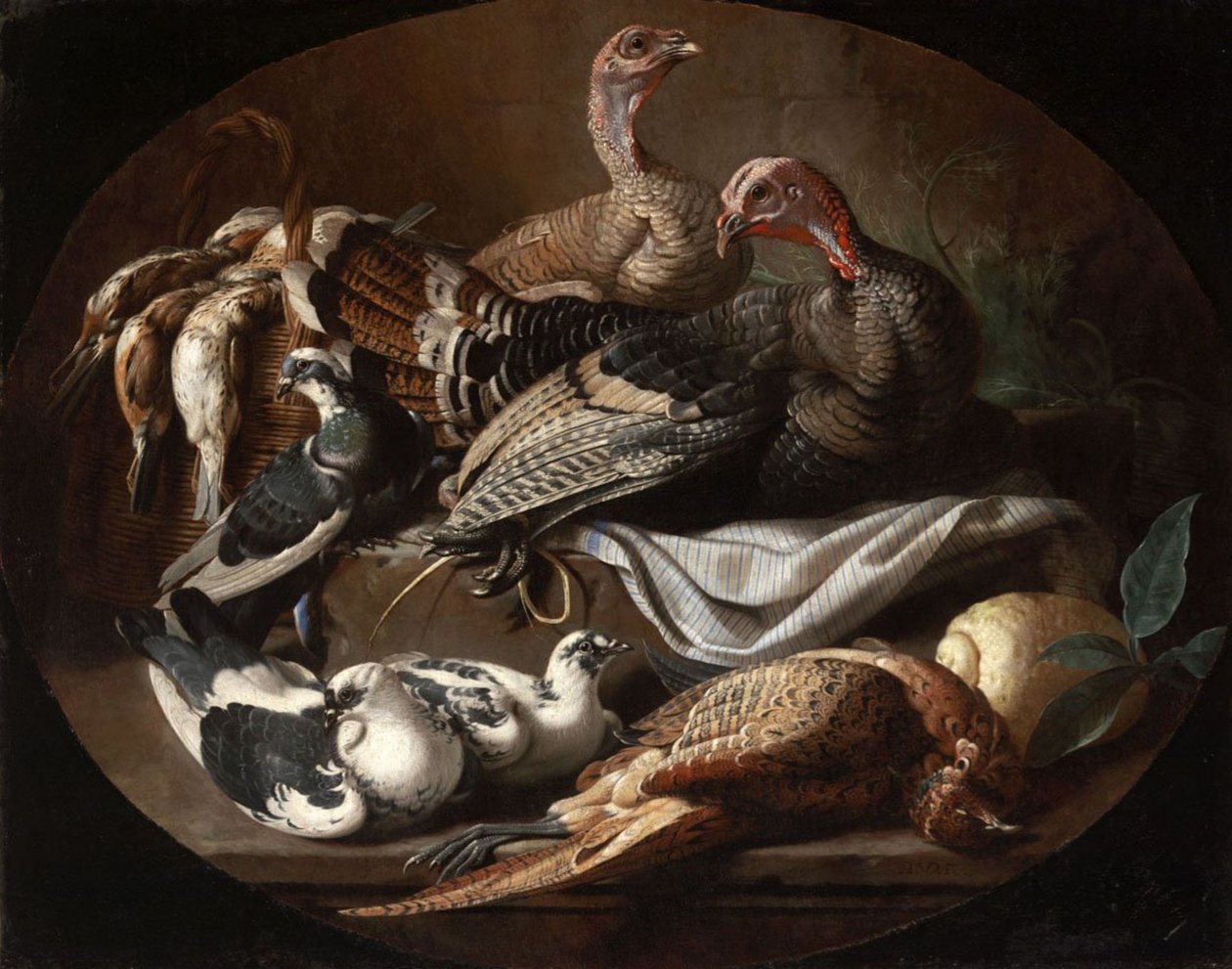 Martwa natura z martwym i żywym ptactwem autorstwa Jacob van der Kerckhoven