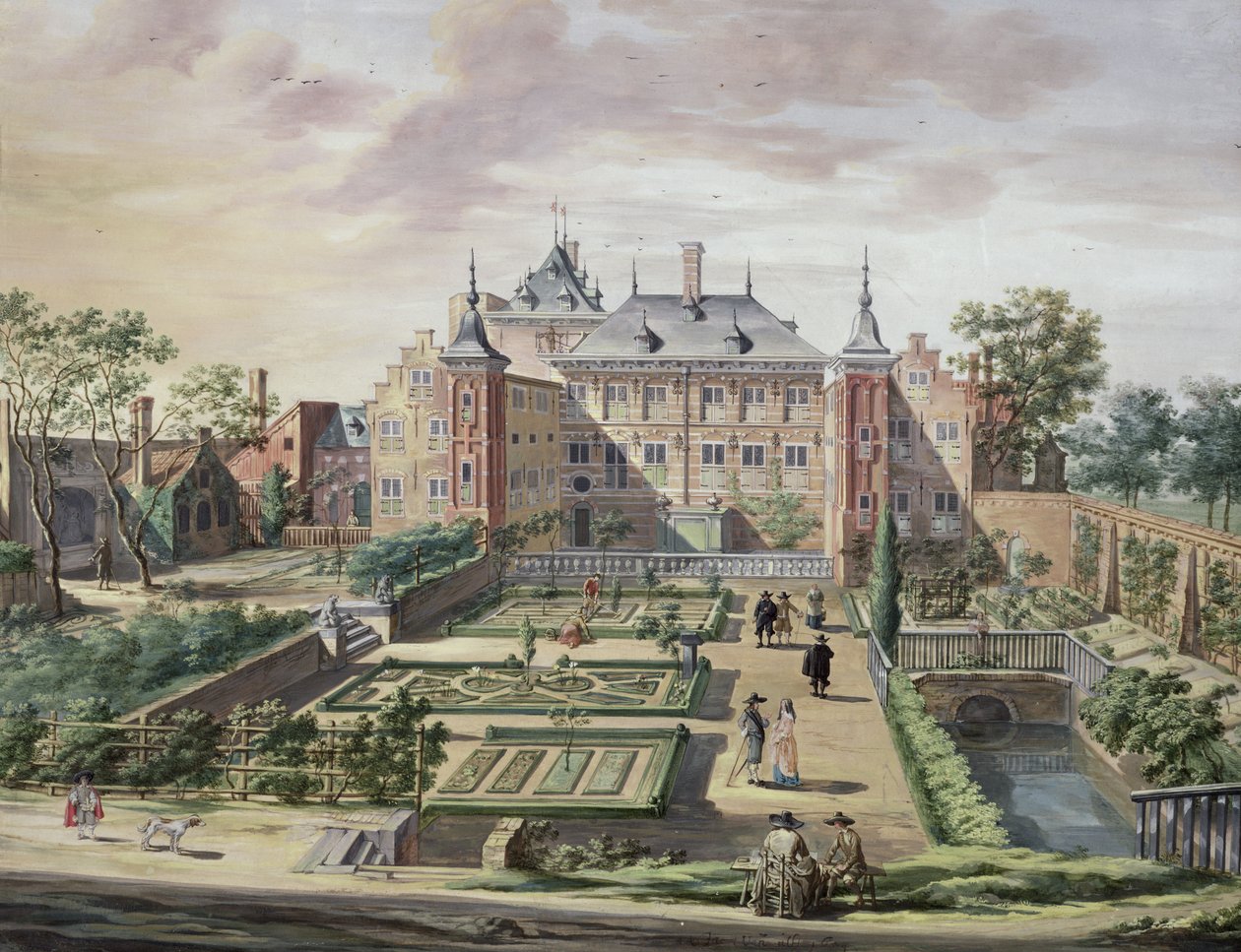 Wyimaginowany widok „Het Tolhuis” nad rzeką Merwede, niedaleko Gorcum, ok. 1654 (gwasz na welinie) autorstwa Jacob van der Ulft