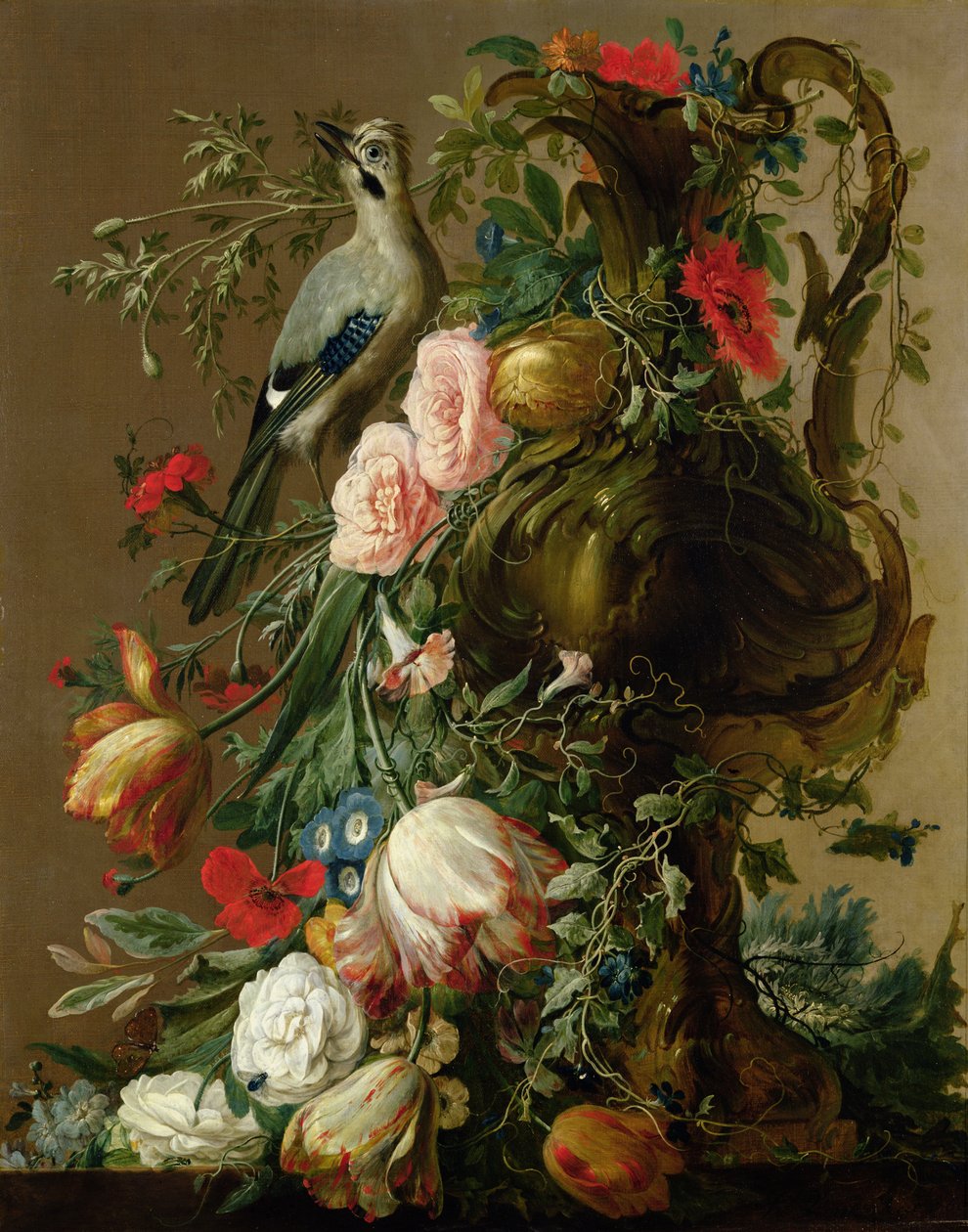 Rzeźbiona kamienna waza z różami, uszu, makami, powój, ze sójką na półce, 1760 autorstwa Jacobes Vonck