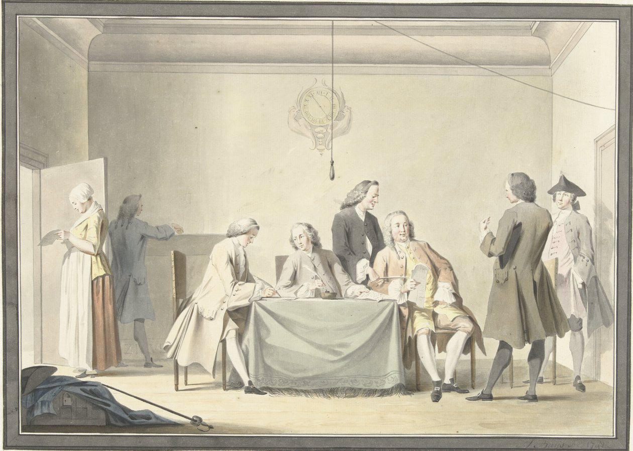 Spotkanie Komisarzy w celu odebrania Liberale Gifte, czyli 50. Medalu, 12 września 1747 r. autorstwa Jacobus Buys (signed by artist)