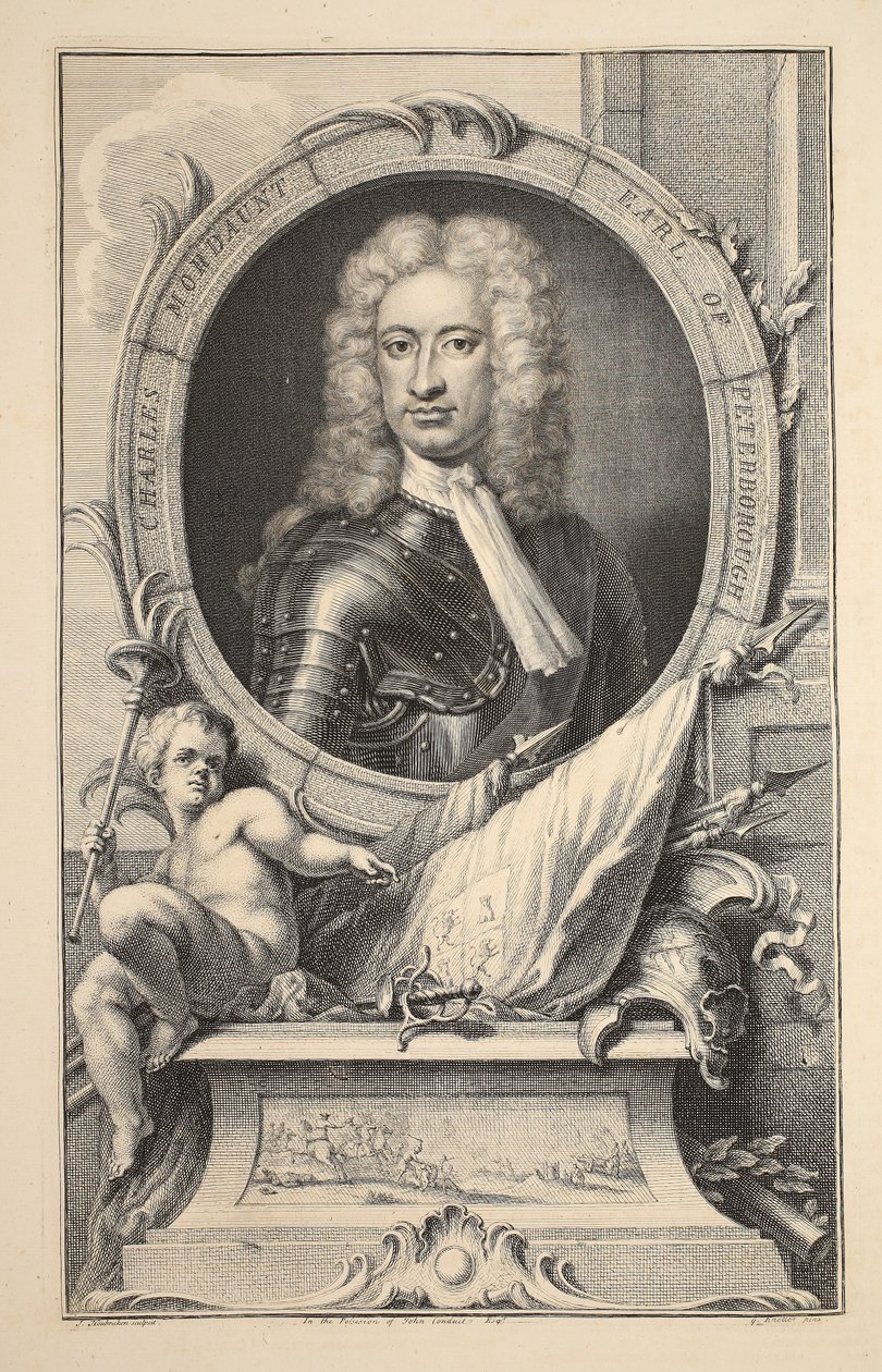 Portret Charlesa Mordaunta, hrabiego Peterborough, ilustracja z książki "Heads of Illustrious Persons of Great Britain", wydanej przez Knapton, Londyn 1742. autorstwa Jacobus Houbraken