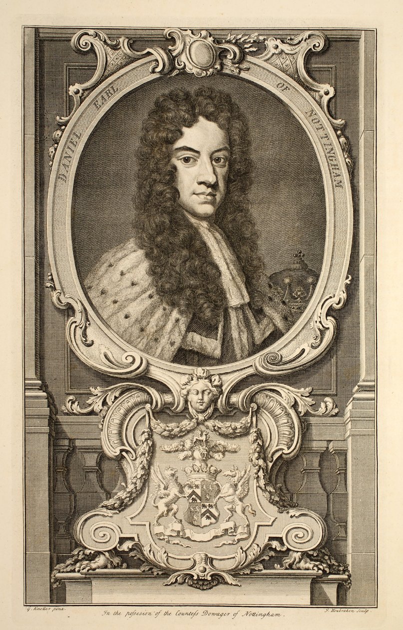 Portret Daniela, hrabiego Nottingham, ilustracja z „Heads of Illustrious Persons of Great Britain”, wyd. Knapton, Londyn 1742 (grafika) autorstwa Jacobus Houbraken