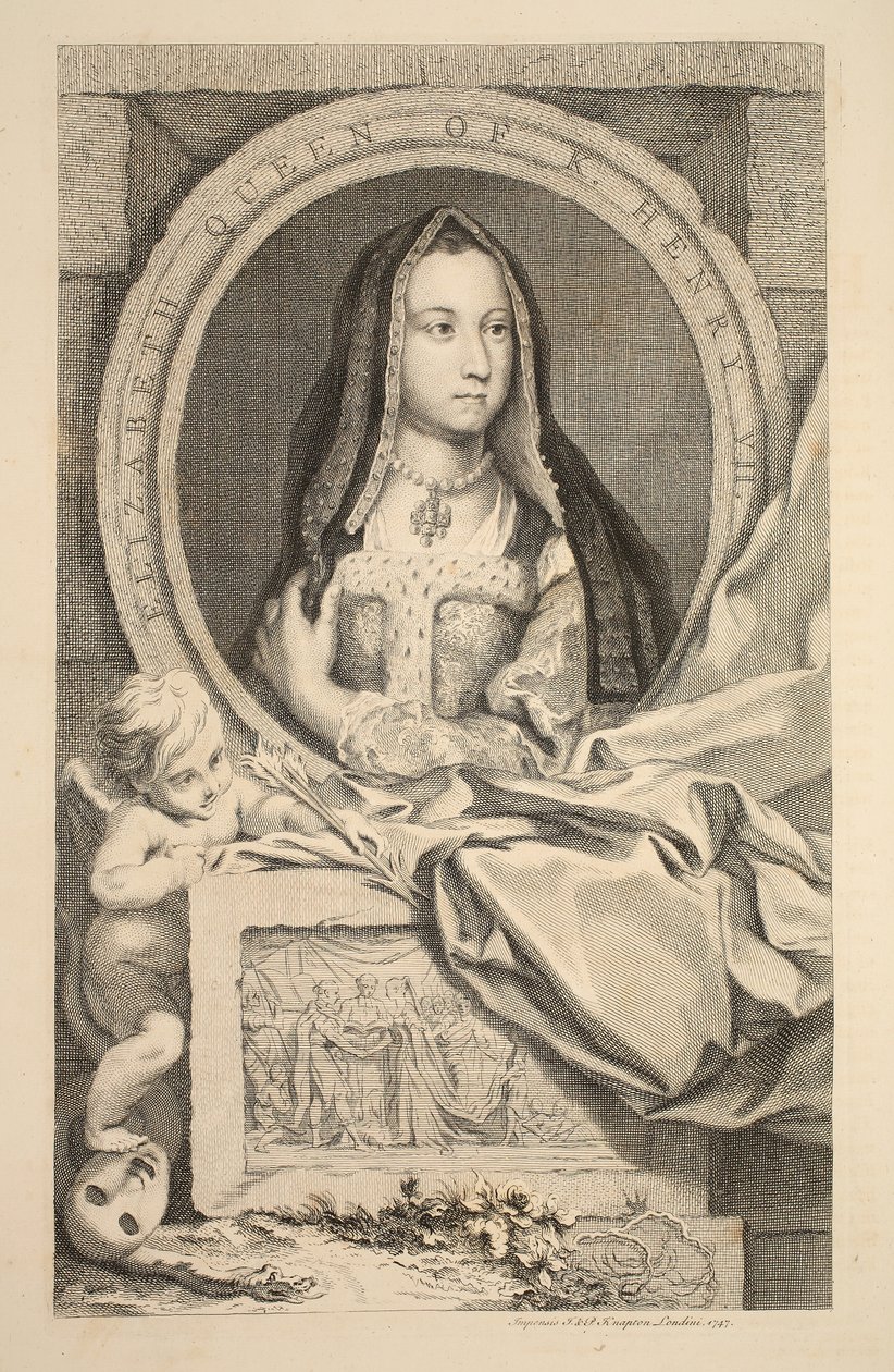 Portret Elżbiety, królowej Henryka VII, ilustracja z „Głów wybitnych osobistości Wielkiej Brytanii”, wyd. autor: Knapton, Londyn 1742 autorstwa Jacobus Houbraken
