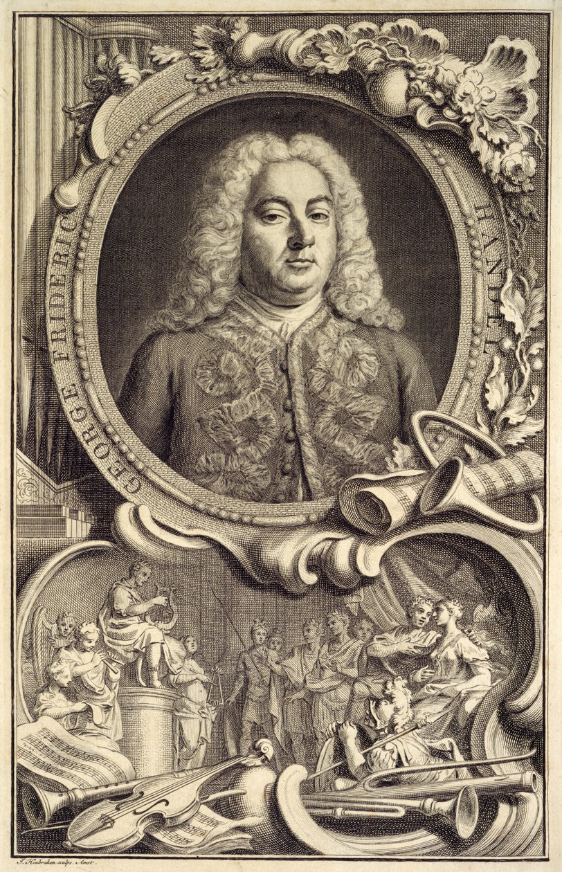 Portret G.F. Handel, z napisem „Izrael w Egipcie”, wydany w Londynie autorstwa Jacobus Houbraken