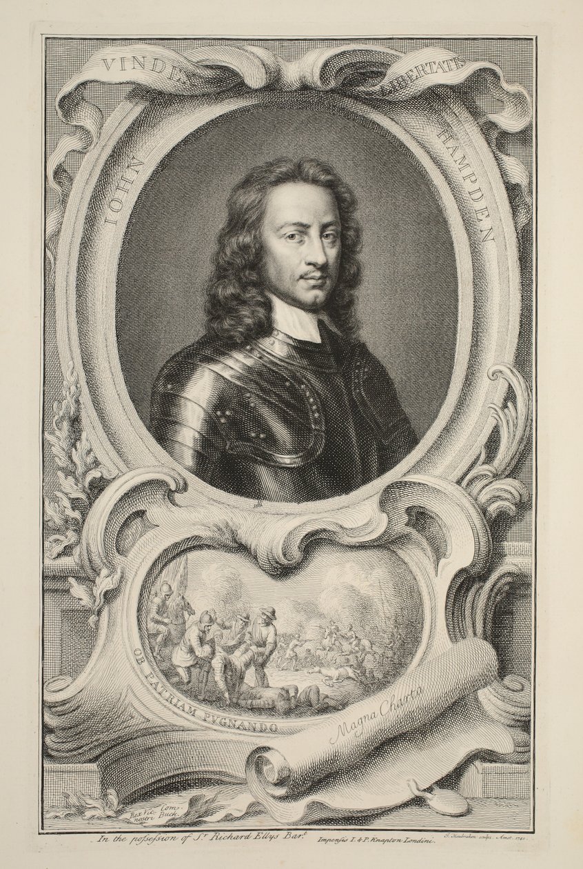Portret Johna Hampdena, ilustracja z „Heads of Illustrious Persons of Great Britain”, wyd. autor: Knapton, Londyn 1742 autorstwa Jacobus Houbraken