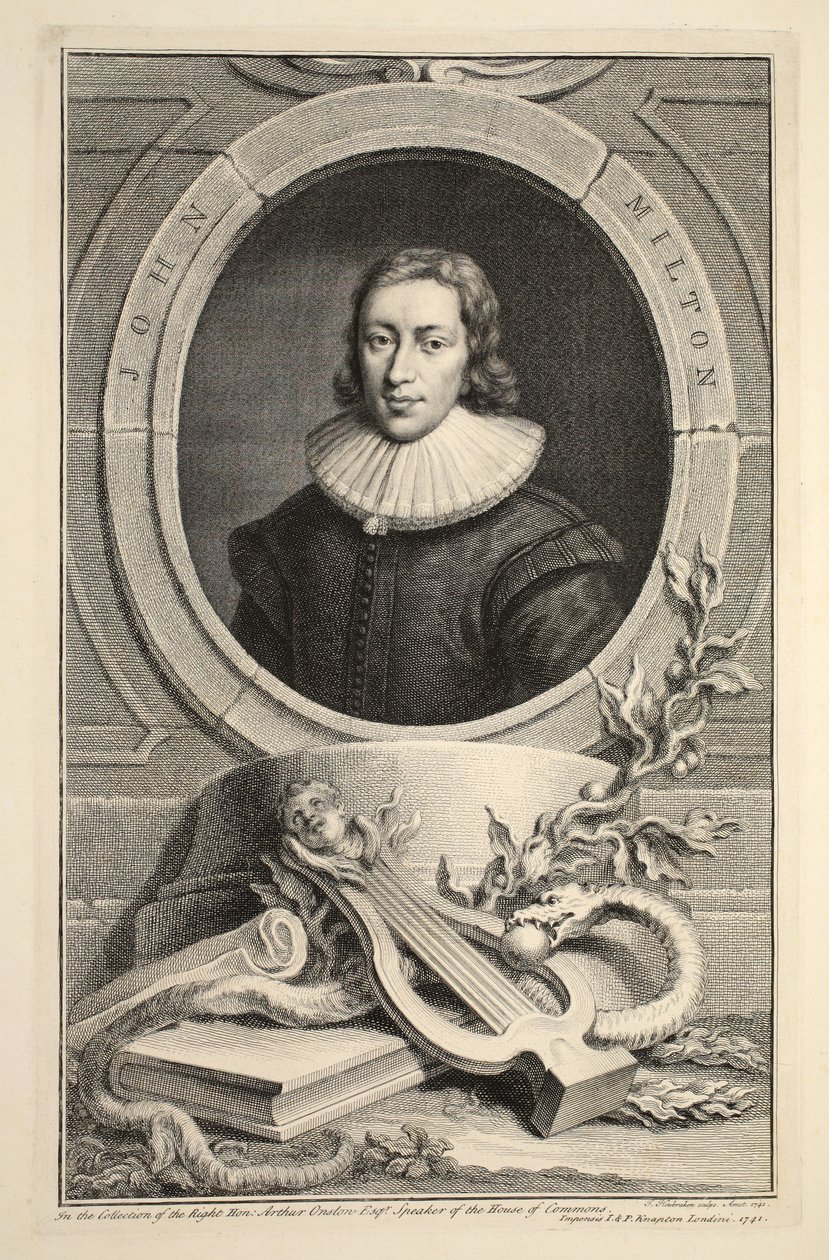 Portret Johna Miltona, ilustracja z „Heads of Illustrious Persons of Great Britain”, wyd. autor: Knapton, Londyn 1742 autorstwa Jacobus Houbraken
