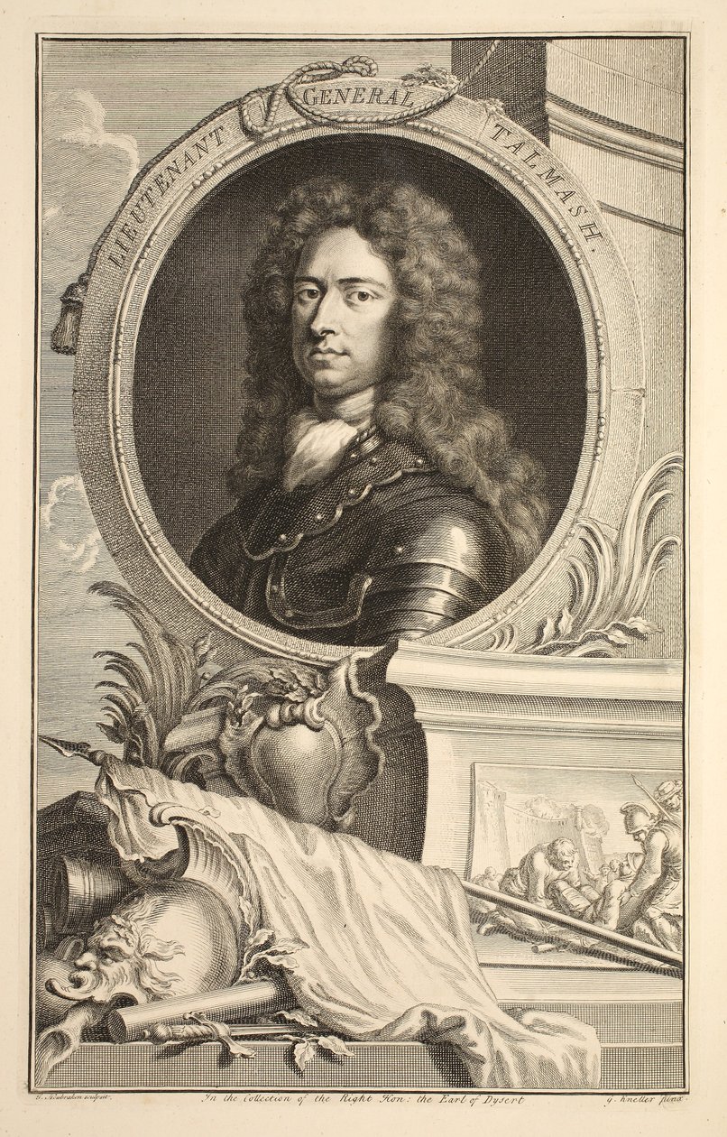 Portret generała porucznika Talmasza, ilustracja z "Heads of Illustrious Persons of Great Britain", wyd. Knapton, Londyn 1742 autorstwa Jacobus Houbraken