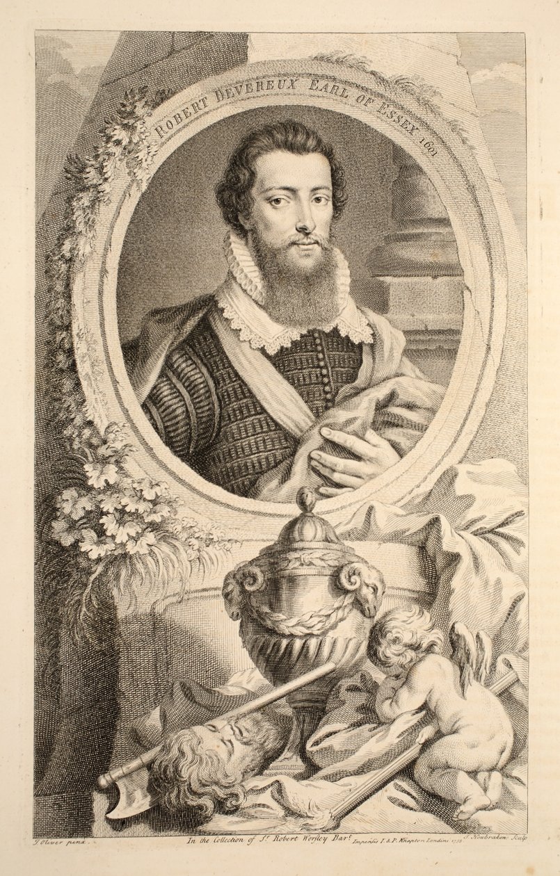 Portret Roberta Devereux, hrabiego Essex, 1601, ilustracja z „Głowy wybitnych osobistości Wielkiej Brytanii”, wyd. autor: Knapton, Londyn 1742 autorstwa Jacobus Houbraken