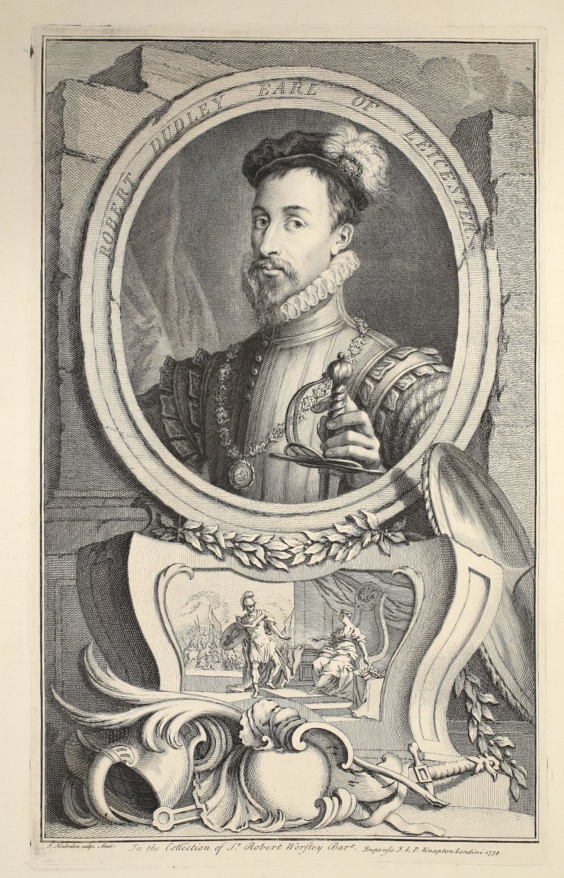 Portret Roberta Dudleya, hrabiego Leicester, ilustracja z „Heads of Illustrious Persons of Great Britain”, wyd. autor: Knapton, Londyn 1742 autorstwa Jacobus Houbraken