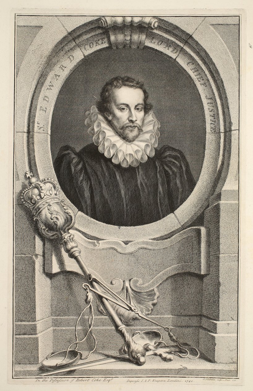 Portret Sir Edwarda Coke, Lorda Naczelnego Sędziego, ilustracja z „Heads of Illustrious Persons of Great Britain”, wyd. autor: Knapton, Londyn 1742 autorstwa Jacobus Houbraken