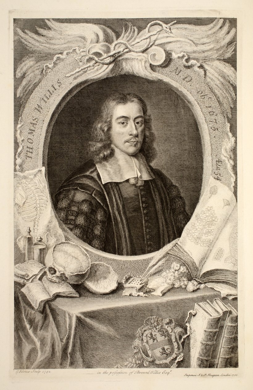 Portret doktora medycyny Thomasa Willisa, ilustracja z „Heads of Illustrious Persons of Great Britain”, wyd. autor: Knapton, Londyn 1742 autorstwa Jacobus Houbraken