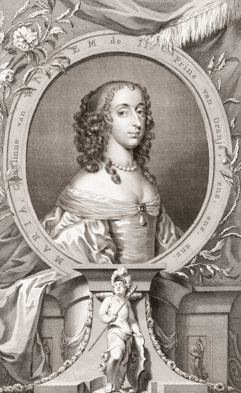 Maria, księżniczka królewska, księżniczka Orange, hrabina Nassau (1631-60) córka króla Karola I i jego żony Henrietty Marii z Francji, matki króla Anglii Wilhelma III (rycina) autorstwa Jacobus and Vertue George Houbraken