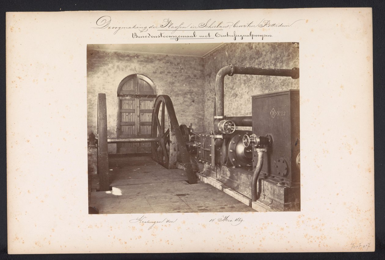 Pompownia parowa z pompami odśrodkowymi / Kralingen den 14 maja 1869 (tytuł na obiekcie) Odzyskiwanie jezior w Schieland na wschód od Rotterdamu (tytuł serii na obiekcie) autorstwa Jacobus van Gorkom jr.