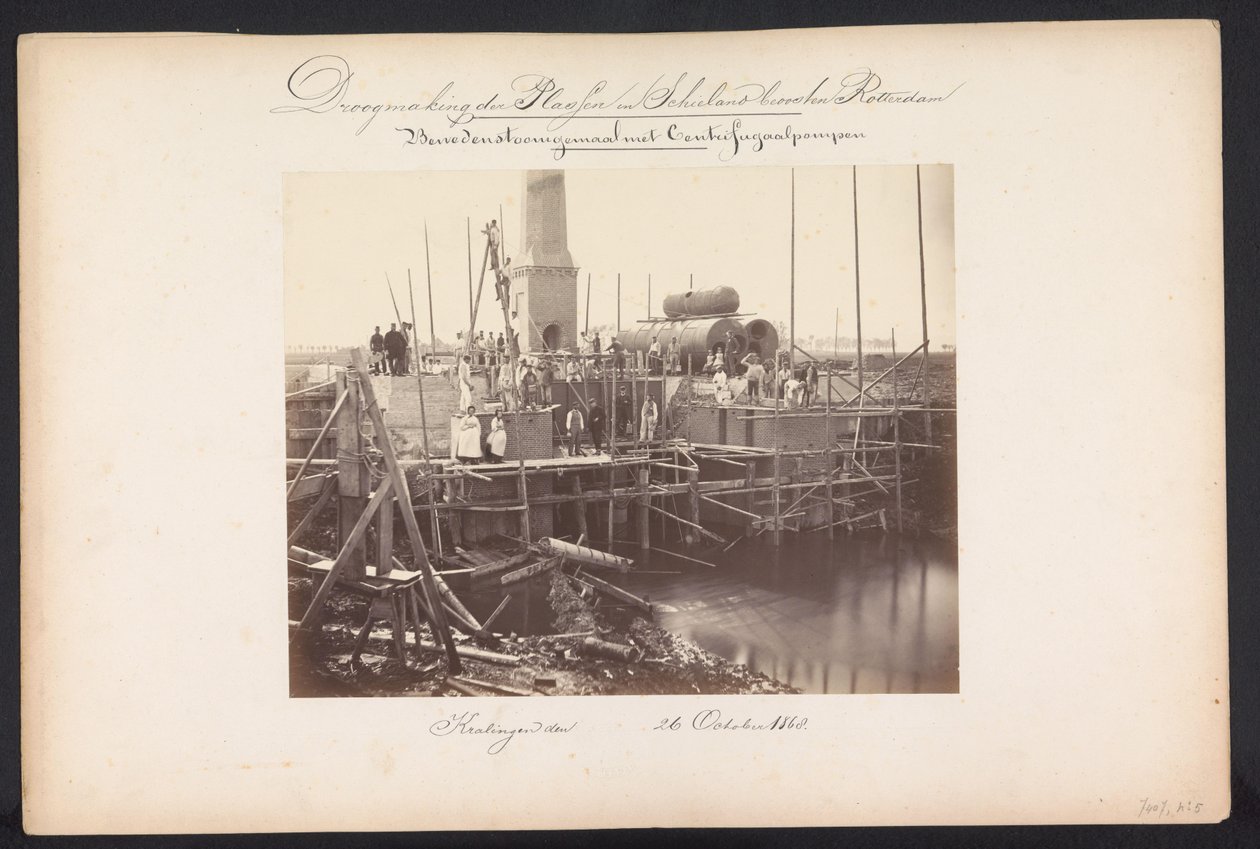 Pompownia parowa z pompami odśrodkowymi / Kralingen den 26 października 1868 (tytuł na obiekcie) Odzyskiwanie jezior w Schieland na wschód od Rotterdamu (tytuł serii na obiekcie) autorstwa Jacobus van Gorkom jr.