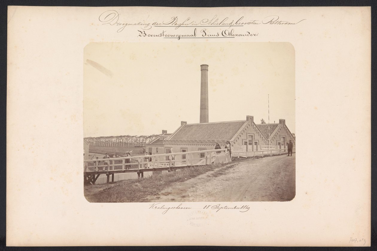 Przepompownia Bovenstoom Prins Alexander / Kralingschveer 18 września 1869 (tytuł na obiekcie) Odzyskiwanie jezior w Schieland na wschód od Rotterdamu (tytuł serii na obiekcie) autorstwa Jacobus van Gorkom jr.
