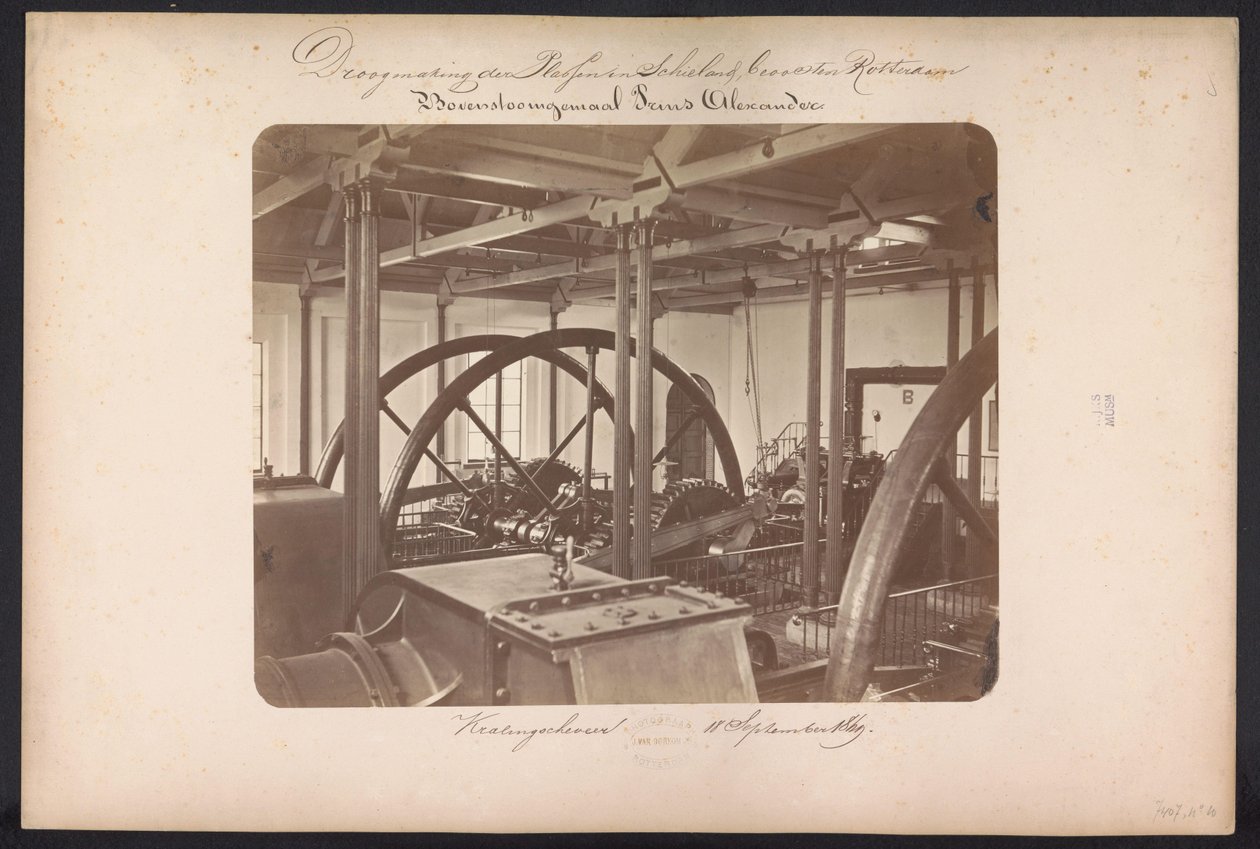 Przepompownia Bovenstoom Prins Alexander / Kralingschveer 18 września 1869 (tytuł na obiekcie) Odzyskiwanie jezior w Schieland na wschód od Rotterdamu (tytuł serii na obiekcie) autorstwa Jacobus van Gorkom jr.
