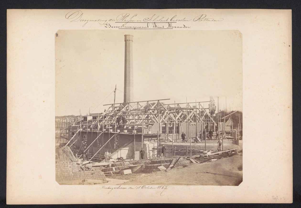 Przepompownia Bovenstoom Prins Alexander / Kralingscheveer den 18 października 1867 (tytuł na obiekcie) Odzyskiwanie jezior w Schieland na wschód od Rotterdamu (tytuł serii na obiekcie) autorstwa Jacobus van Gorkom jr.