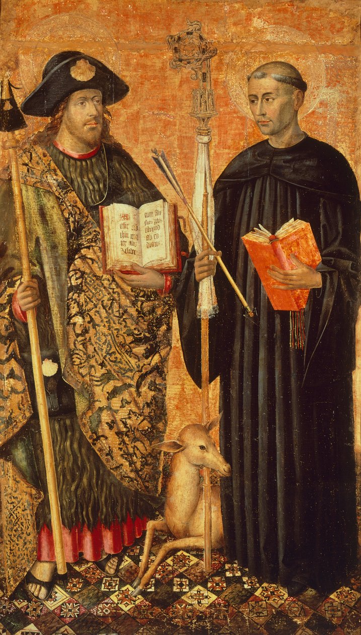 Św. Jakub z Composteli reprezentowany w pelerinie z laską, kapeluszem i muszlą. i pustelnik Saint Gilles (VII w.), ok.1450 (tempera i olej na desce) autorstwa Jacomart (c.1413 61) Baco