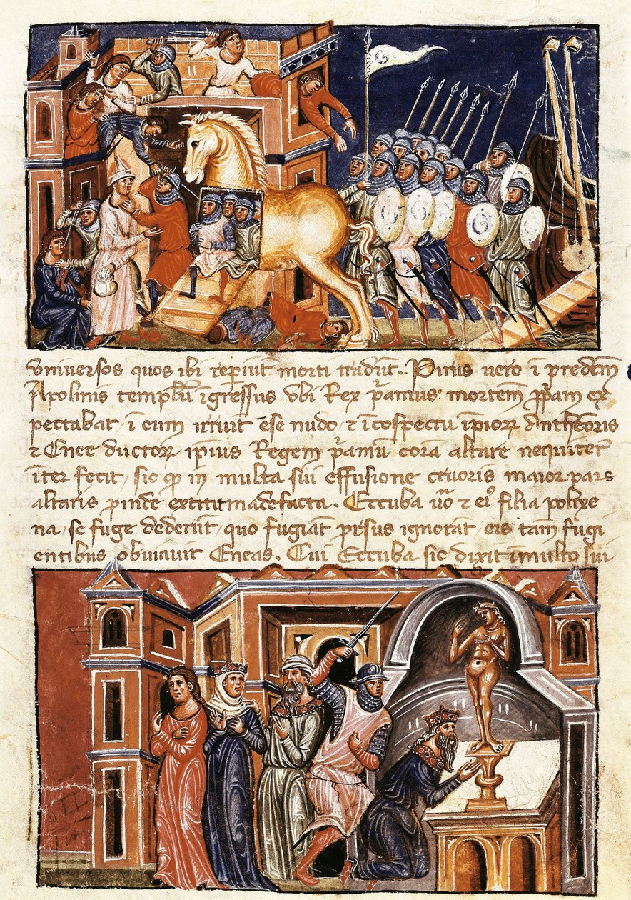 Oblężenie i szturm miasta Troi, miniatura z „Historia Destructionis Troiae” Guido delle Colone (ok. 1210-ok. 1287) autorstwa Jacome Cromberger