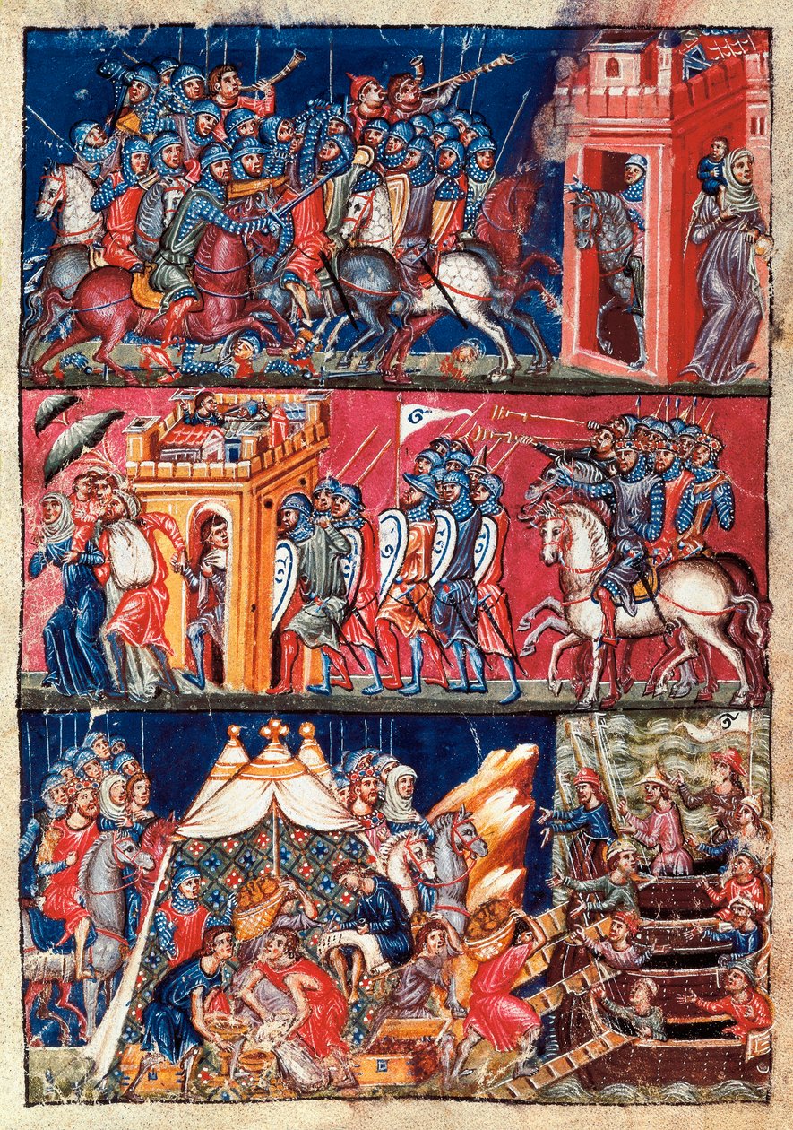 Pierwsza grabież trojana. Malowana miniatura z Historia destroyis Troiae autorstwa Jacome Cromberger