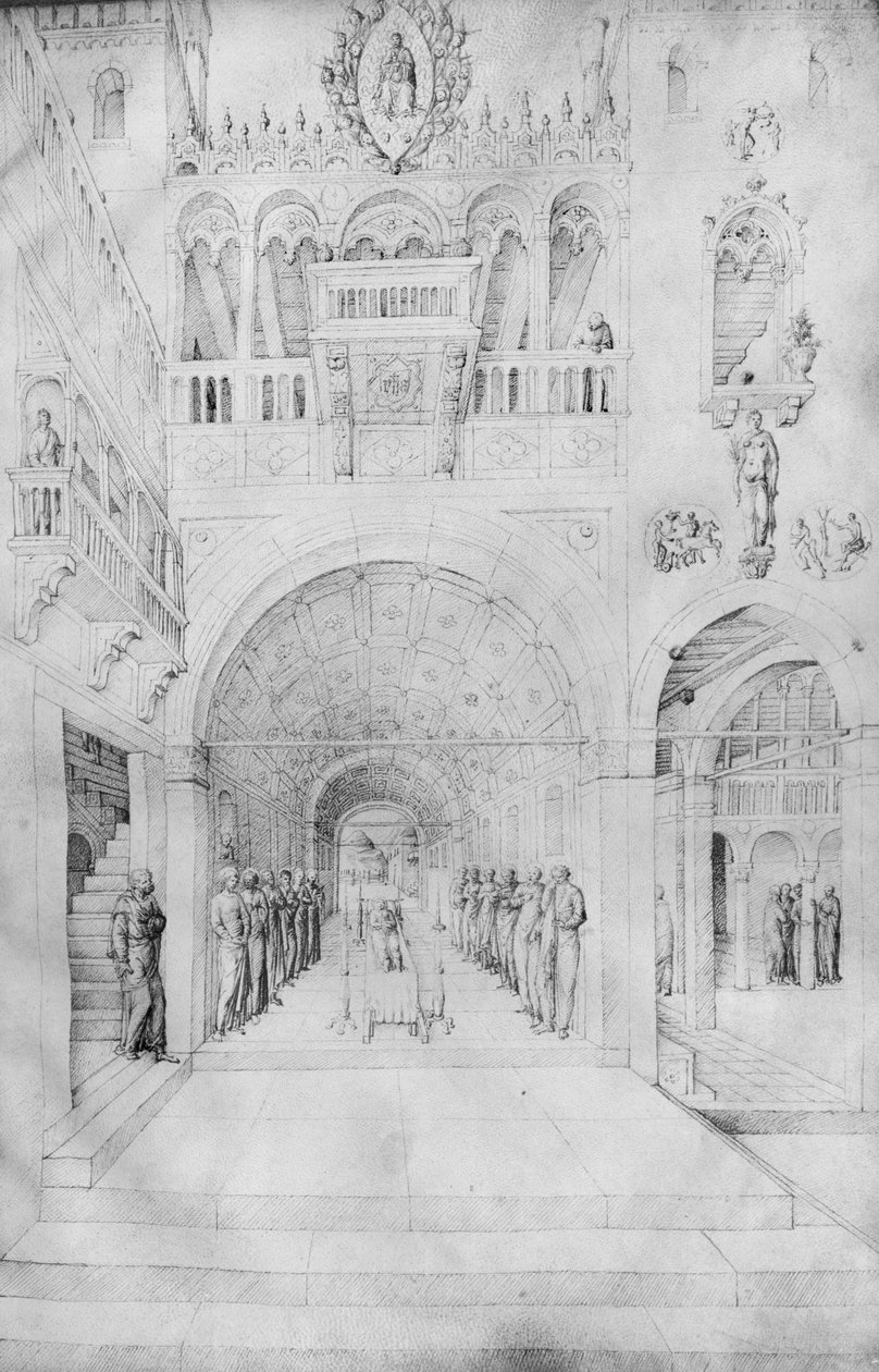 Śmierć Matki Boskiej w bogatej architekturze weneckiego pałacu, z Albumu rysunków Jacopo Belliniego (pióro i atrament na welinie) autorstwa Jacopo Bellini