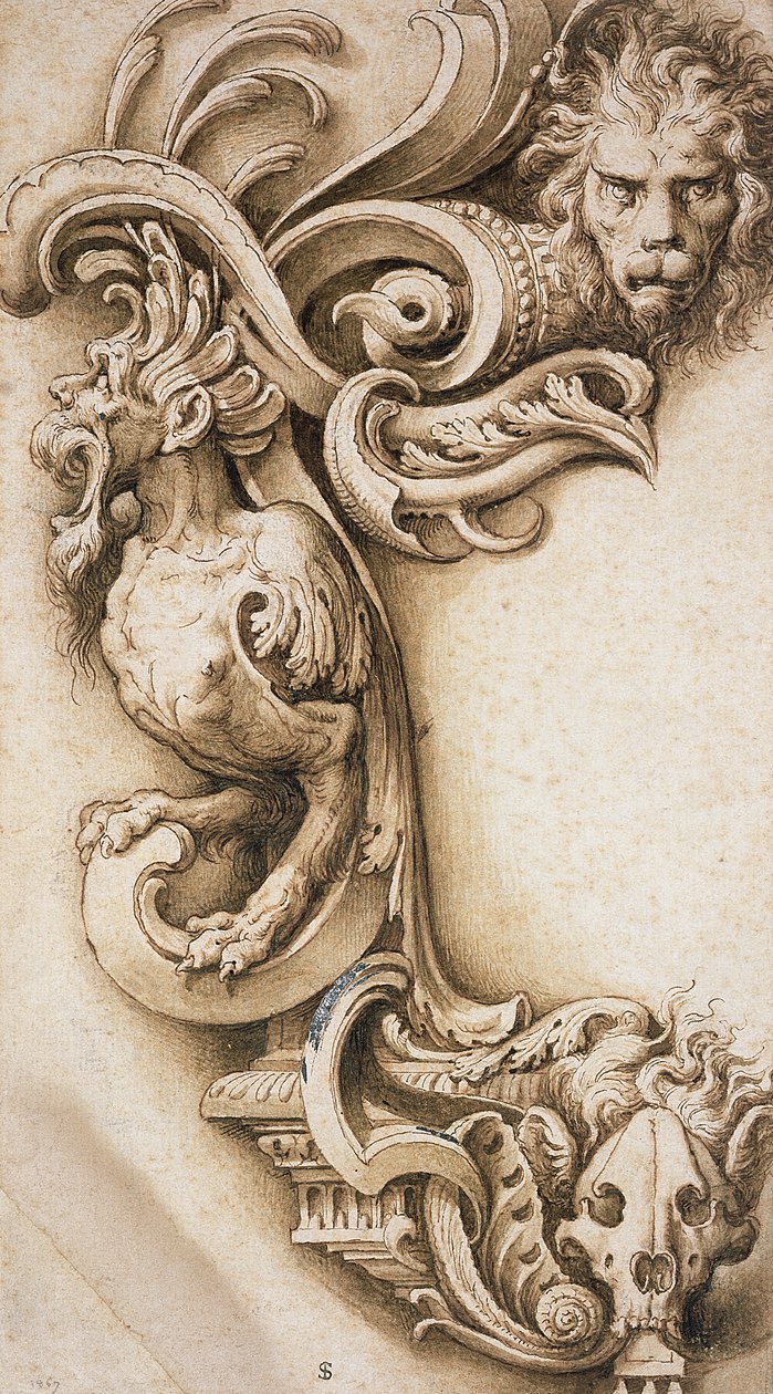 Groteskowy Zwój (pióro i brązowy tusz na papierze) autorstwa Jacopo Ligozzi
