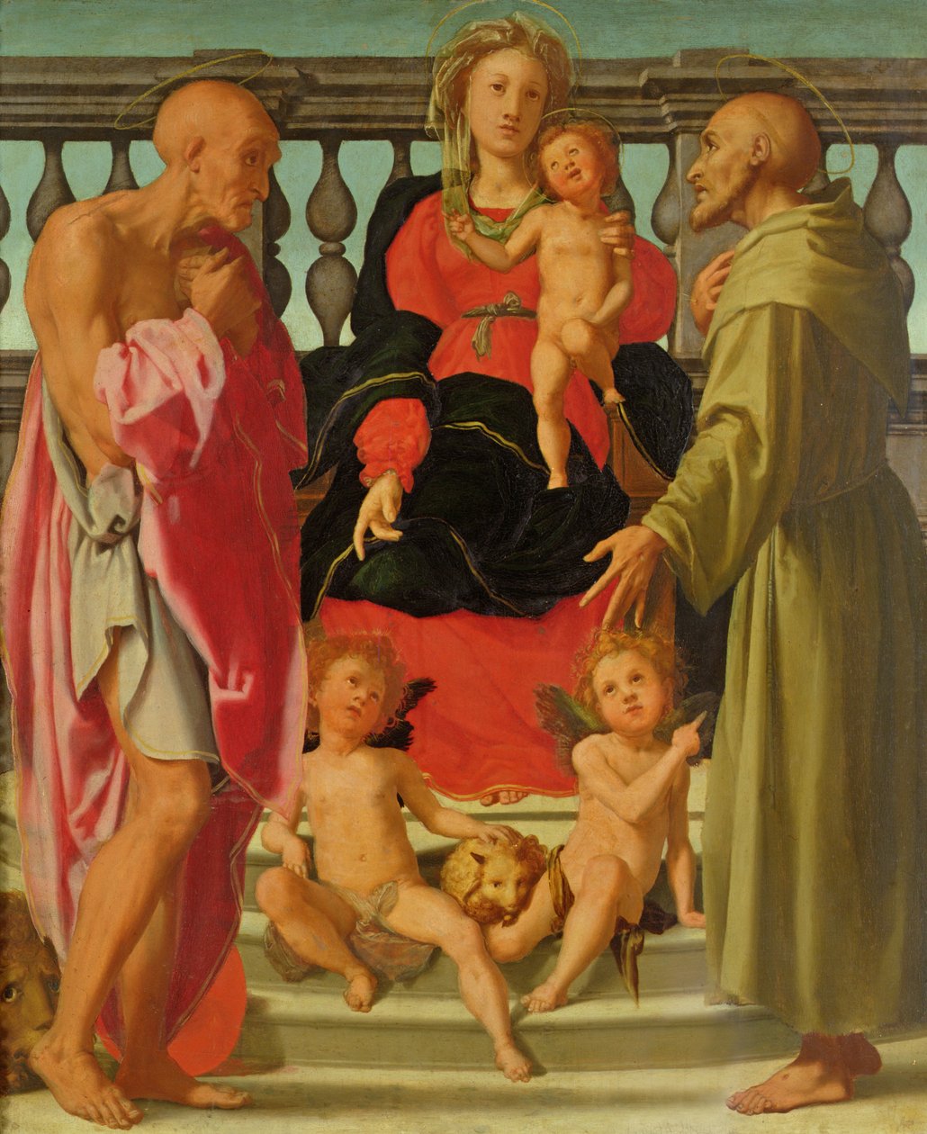 Madonna z Dzieciątkiem z Aniołami i SS. Hieronim i Franciszek, c.1517-18 autorstwa Jacopo Pontormo