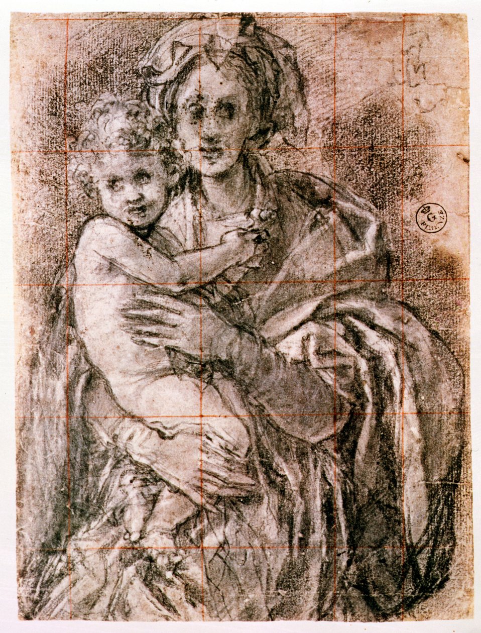 Studium do Dziewicy z Dzieciątkiem ze św. Józefem i Janem Chrzcicielem, 1521-27 (czarna kreda na papierze) (zob. także 226976) autorstwa Jacopo Pontormo