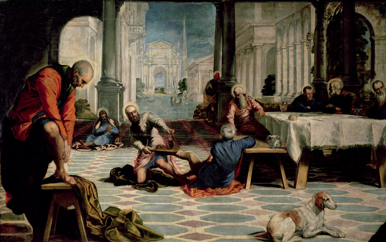 Chrystus umywający nogi uczniom, detal z lewej strony, ok. 1547 r. autorstwa Jacopo Robusti Tintoretto