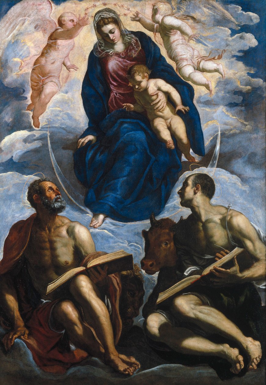 Maryja z Dzieciątkiem czczona przez św. Marka i św. Łukasza autorstwa Jacopo Robusti Tintoretto