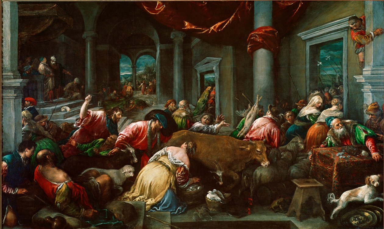 Oczyszczenie Świątyni lub „Chrystus goniący kupców ze Świątyni”” Obraz Jacopo Da Ponte dit Jacopo Bassano (1517 ok.-1592) Ndz. 160x265 cm Londyn, Galeria Narodowa autorstwa Jacopo Bassano