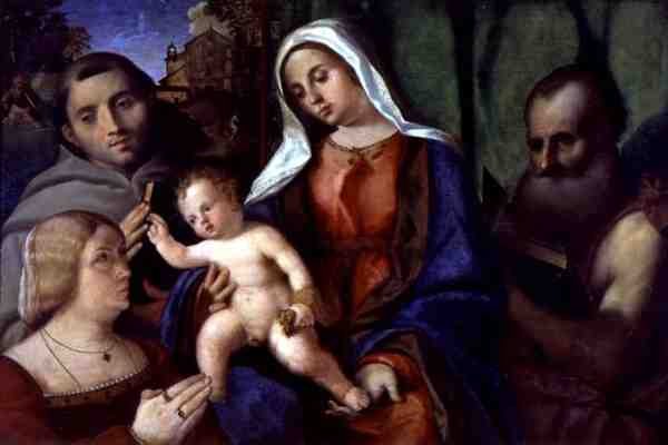 Sacra Conversazione z darczyńcą (olej na panelu) autorstwa Jacopo (c.1480 1528) Palma