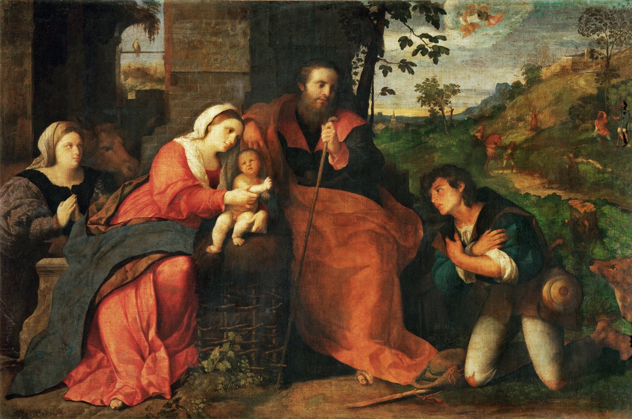 Adoracja pasterzy z kobietą dawczynią ... autorstwa Jacopo (c.1480 1528) Palma